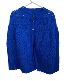 Vintage handmade crocheted blue poncho-style cardigan with brass buttons Fall