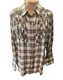 Seven7 SZ 14/16 Plaid Ruffle Western Pearl Button Up Shirt Cowgirl Yellowstone