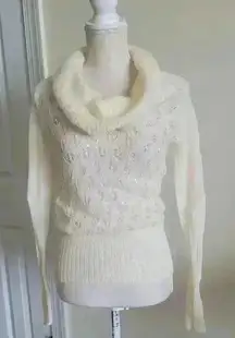 Y2K Ann Taylor Loft Wool Blend Beaded Cowl Sweater | Cream & Silver | Size L