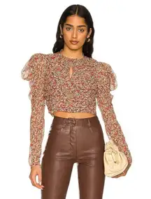 Bardot Revolve Ruched Ditsy Floral Puff Shoulder Crop Top Blouse Size S