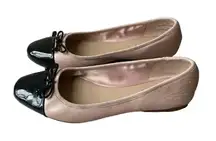 Saks Fifth Avenue Inez Leather Balllet Blush Pink Black Bow Flats Cap Toe Sz 10