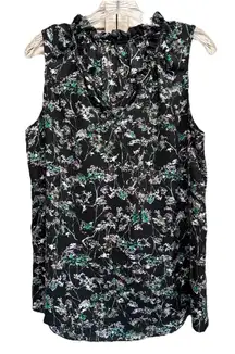 Simply Vera Wang Black/Green Floral Chiffon Sleeveless Blouse Size Medium Ruffle