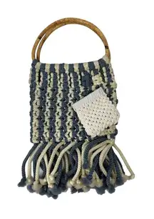Vintage Handmade Blue White Macrame Wood Handle‎ Purse & Coin Purse