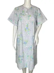 Miss Elaine Housecoat Womens Medium Blue Floral Seersucker‎ Lightweight Summer