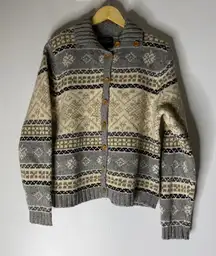 Vintage 90s Womens Eddie Bauer Fair Isle Nordic Lambswool Hippy Cardigan Sz L
