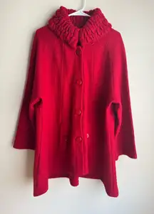 For Cynthia Woman Red 100% Wool Button Up Sweater Jacket Size 1X