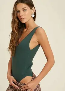 Green Brooklyn Ribbed V Neck Bodysuit