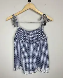 J.Crew  Blue White Gingham Plaid Ruffle Eyelet Tie Shoulder Top Blouse Size 4 NWT