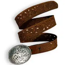 Tony Lama Leather Belt Western Tooled Oval Concha Embossed Buckle Silver Size 34