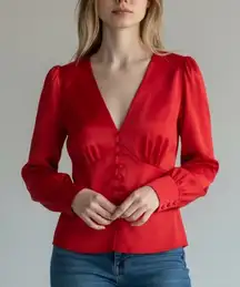 J. crew Deep V-neck button-front top‎ in satin-backed crepe 4 red