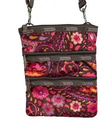 LeSportSac Kasey 3 Zip Crossbody Bag Purse Pink Orange Purple Floral Paisley