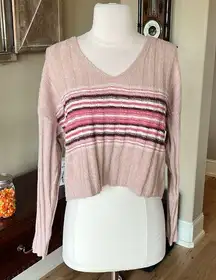 True Craft Sweater Cropped Soft Comfy Rose Striped Muted Pink Pullover Womens Medium V Neck