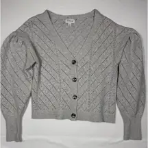 EVEREVE Womens Gray Knit Cardigan Sweater Puffed Sleeve Diamond Stitch Size S