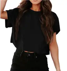 NWT UNCLECAT Womens Black Cropped Crew Neck Basic Tee XS