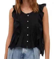 MANGO Black Cotton Lace Ruffles Pin-tucks detail coquette top button front Sz 10