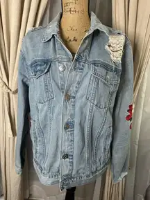 Pac Sun Embroidered Rose Distressed Denim Jacket