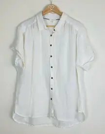 a loves a boxy roll sleeve linen shirt sleeve button up shirt in white. XL