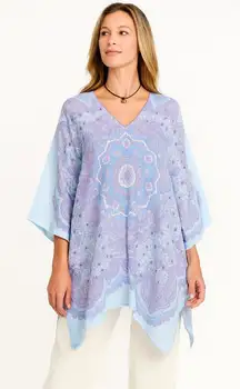 J. McLaughlin Redondo Blue 100% Linen Poncho Caftan Mandala Medium/Large M L