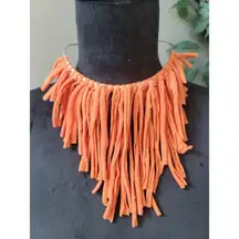 Women's Orange Fabric Fringe Hoop Earrings With Silver Metal Collar Necklace