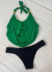 Victoria’s Secret Green Halter Crop Swim Top - Black Low Waist Bottom Bundle M