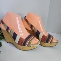 Anne Klein Fortuna Stripe Fabric Slingback Rattan Wedge Sandals Boho 6M