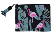 Denmari Punta Cana Beaded Clutch Black‎ Pink Flamingos Tropical Leaves Handmade