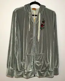 NWT POL Gray Velvet Valeur Embroidered Rose Hoodie Sweatshirt Women's size Large