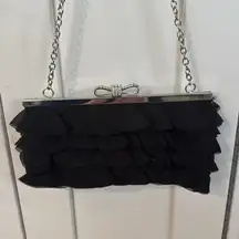 EXPRESSIONS NYC ELEGANT BLACK CLUTCH with  SILVER CHAIN & BOW RHINESTONE CLASP