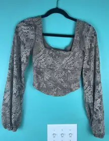 Altar'd State Taupe Lace Long Sleeve Corset Hem Top — Square Neck — XS