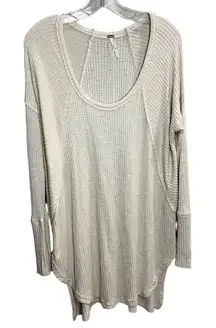 Free People Waffle Knit Thermal Top Women's Large Beige Long Sleeve Scoop Neck