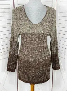 Carriage Court Vintage Marled Ombre Ribbed Knit V Neck Tunic Sweater Brown Small