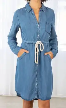 Lovestitch Blue‎ Chambray Button Up Collared Long Sleeve Tencel Mini Shirt Dress