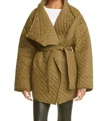 Frame Quilted Drape Neck Nylon Belted Olive Green Oversized Jacket Size XS