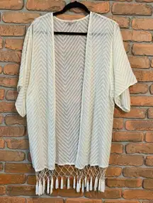 Skies Are Blue Chevron Fringe Kimono Cardigan Blouse‎ Boho Beach Cover Up Size M