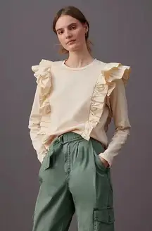 Anthropologie Karina Long Sleeve Crewneck Ruffled Cream Blouse Top