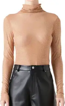 Grey Lab Embellished Tan Turtleneck Mesh Bodysuit(Size Medium)