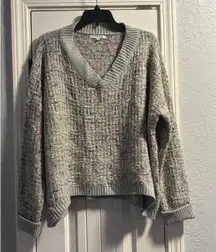 FAVLUX Chucky Confetti Metallic Thread Knit V-Neck Sweater Large Gray Oversized