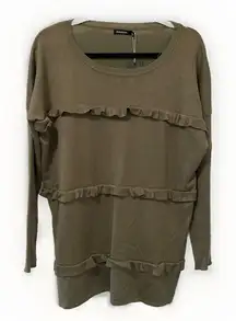 Solutions Olive Green Ruffle Front Trim Ov Sweater Size Small Oversized‎ NWT