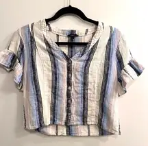 Drew Cropped Blue Stripe Linen Blend Shirt