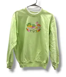 Cute Frog Mushroom Embroidered Lime Green Crewneck Sweatshirt