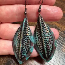 Artistic Earrings Featuring A Turquoise &  Brown Leaf Design.