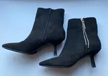 Open Edit Little‎ Black Booties With Rhinestone Tassels Pointed Toe Faux Suede
