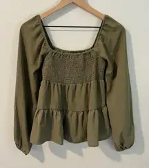 Paper Crane Olive Green‎ Smocked Blouson Sleeve Tiered Peasant Top Size S