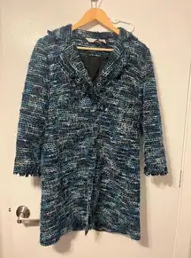 Vintage Laura Ashley Blue Green Tweed Long Jacket Fringed Size Medium Petite