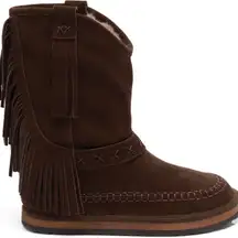NWT Free People Faye Fringe Faux Fur Boots in Chocolate Brown Suede