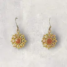 Vintage Estate Sunburst Gold Tone Rust Colored Stone Dangle Hook Earrings