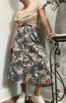 Vintage Vivaldi Jeanswear Floral Midi Length Denim Button up Skirt