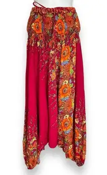 Floral Harem Pants Stretch Waist Smocking‎ Shirring Pink Hippie Festival Rayon