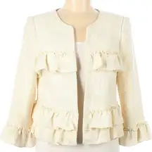 Nanette Lepore Loose Weave Cream Blazer w/Metallic Gold Threads Ruffle Accents 6