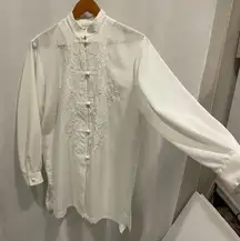 Creamy vintage 80’s oversized semi sheer embroidered mandarin collar blouse boho